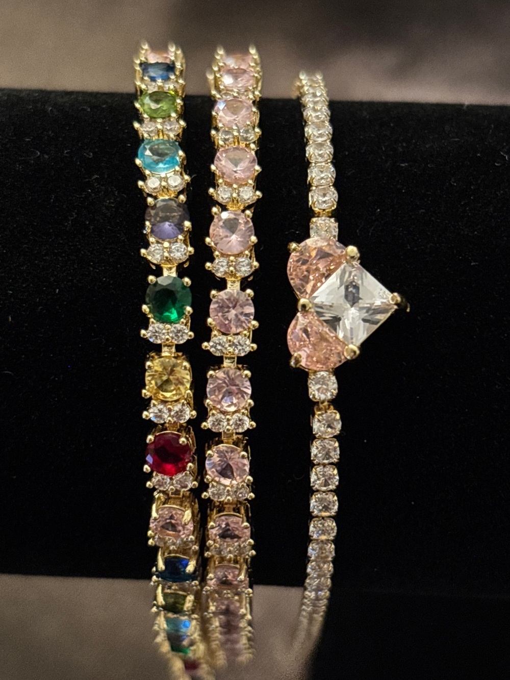 Pretty Bird Yellow Gold Multicolor, Pink & Heart CZ Tennis Stack - Picture 5 of 9